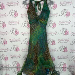 Cache dress long halter tie up beaded tassle Green and Brown Backless Dress